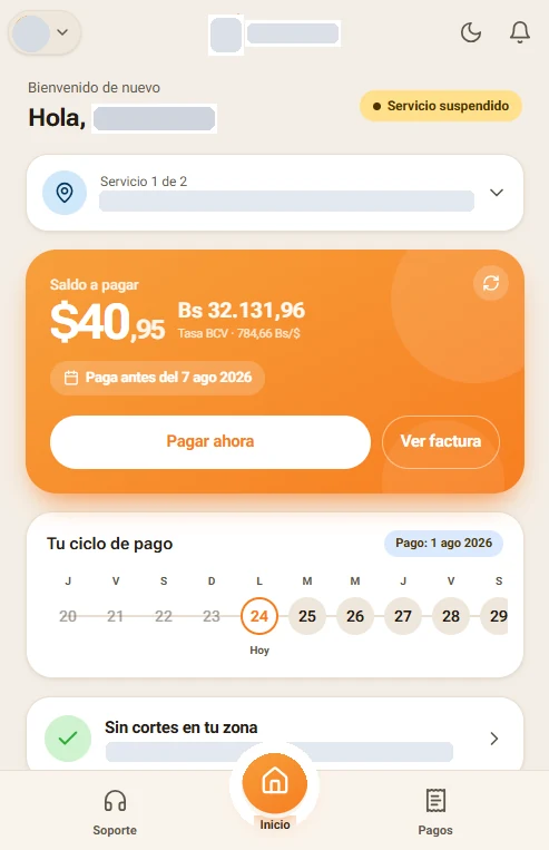 Inicio · saldo y ciclo de pago
